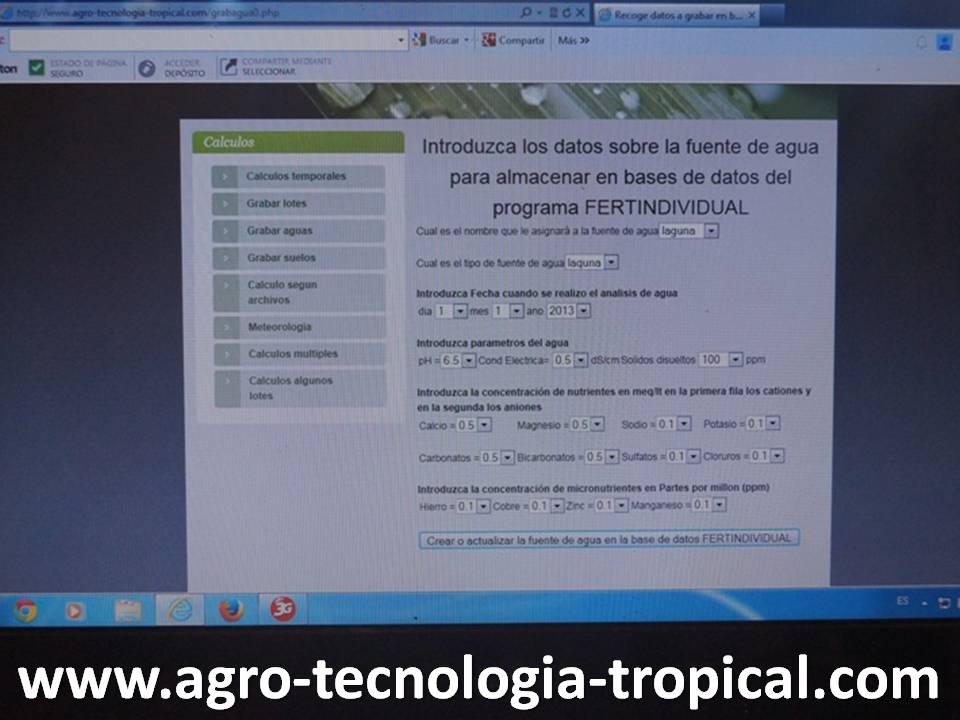 Introduce datos sobre fuente de agua caculo de fertirriego
